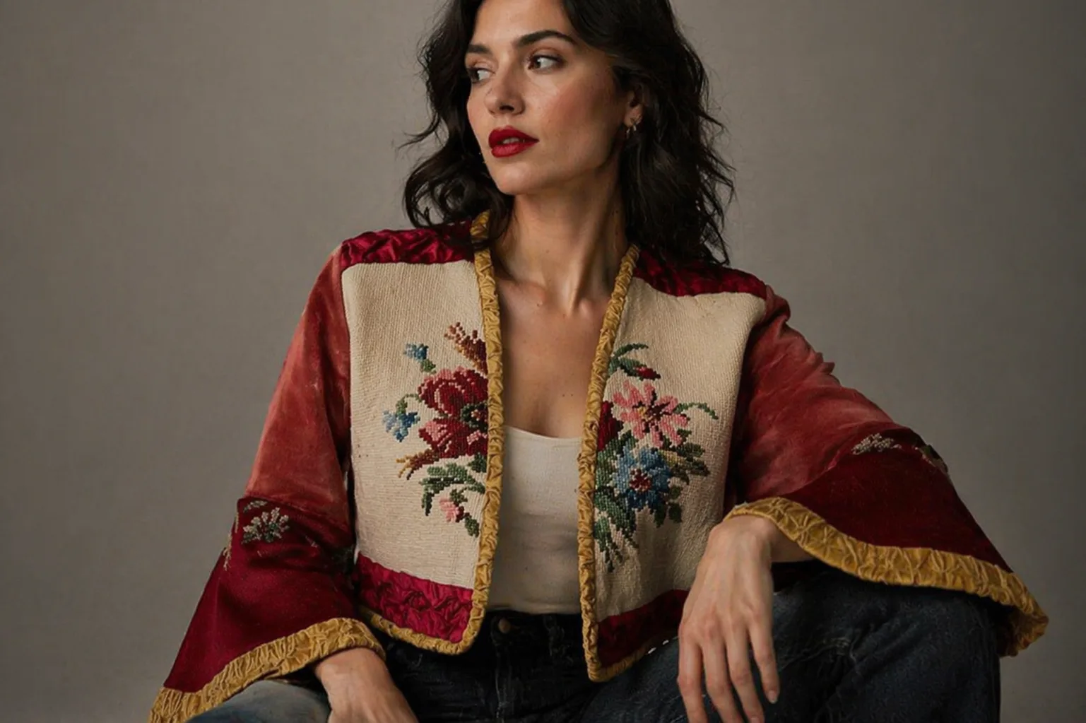 Model wearing a one of one Vinny Star Style garment with ornate textile details